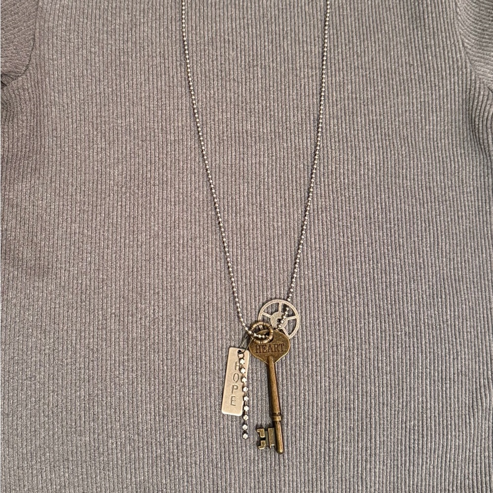 Key & Hope Charm Necklace - Brass Tones